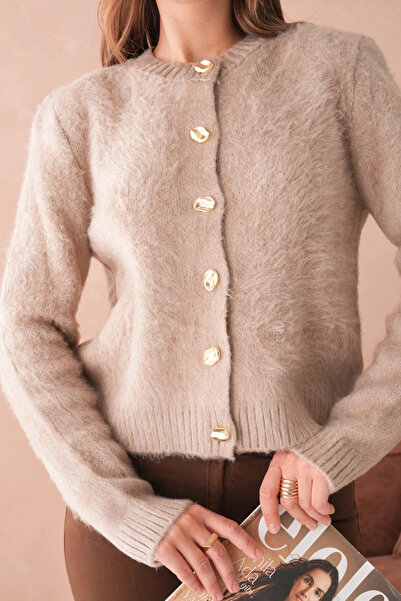 Park Karon Women's Crew Neck Button Detailed Soft Textured Fleece-Lined Knitwear Jacket