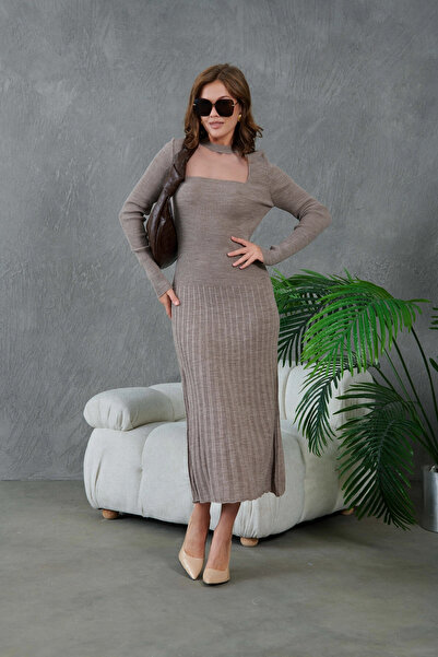 Park Karon Women's Crew Neck Tulle Detail Maxi Size Corded Fabric Knitwear Dress