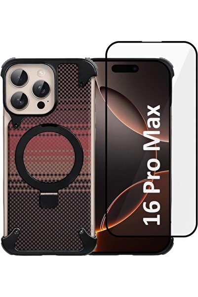 Margoun MG-iPhone 16 Pro Max Metal Case with360°Rotating Kickstand,Carbon Fiber Texture(Orange Case+1Glass)