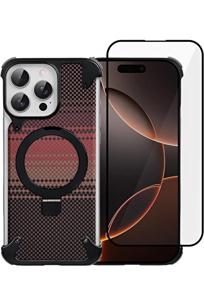 Margoun MG-iPhone 16 Pro Max Metal Case with360°Rotating Kickstand,Carbon Fiber Texture(Orange Case+1Glass)