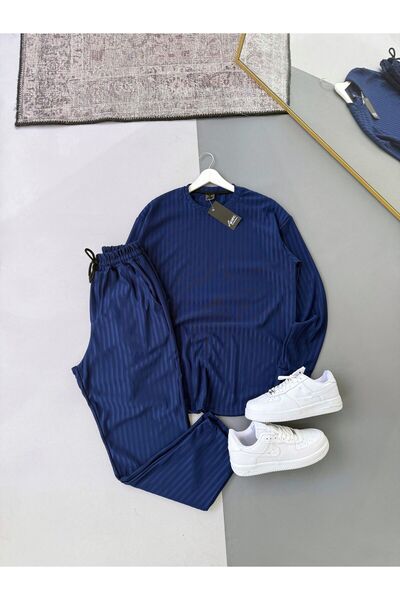 Combineman35 Men's Vertical Striped Stretch Fabric Ottoman Navy Blue Sweatshirt Navy Blue Trousers 2-Piece Set