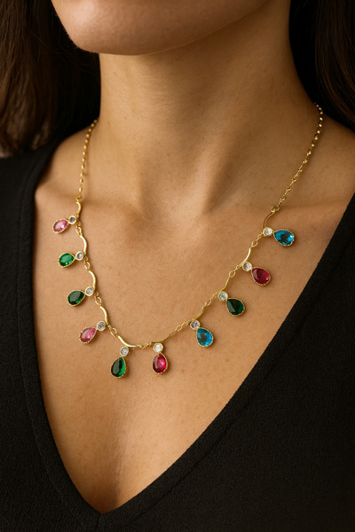 AYMİRA MOONLİGHT RENKLİ TAŞ DETAYLI GOLD ÇELİK KOLYE