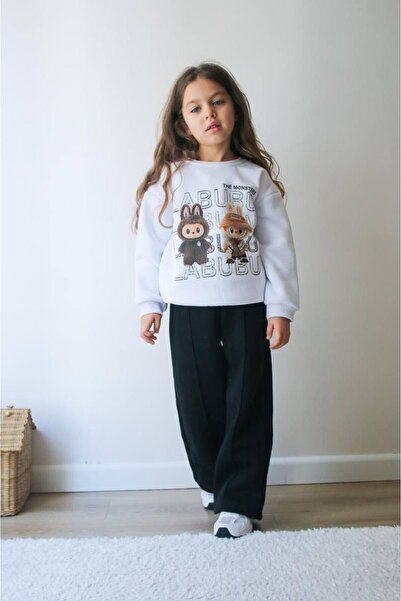 JELİBOOM Girl's Labubu Printed Fleece-Lined Black and White Two-Piece Suit