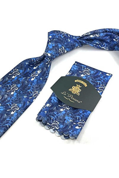 Kravatkolik Blue - Navy Blue Floral Pattern Printed Pocket Square Classic Tie Kk13342