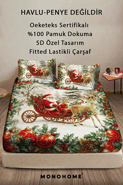 MonoHome 100% Cotton Christmas Elastic Sheet Special Design 5D Digital 60 Thread Merry Christmas