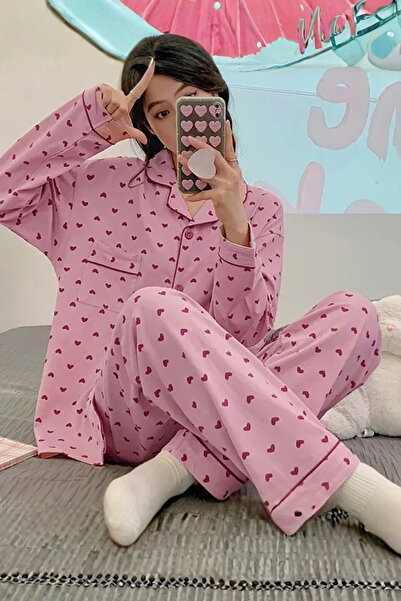Muchmy Heart Patterned Women's Pajama Set Soft Fabric Girl's Pajam Two Piecs Set