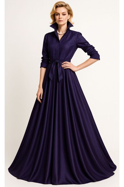 ALYEL NAKER Gömlek Kısmı Ekose Tafta & Eteği Düz Tafta Maxi Mor Gömlek Elbise