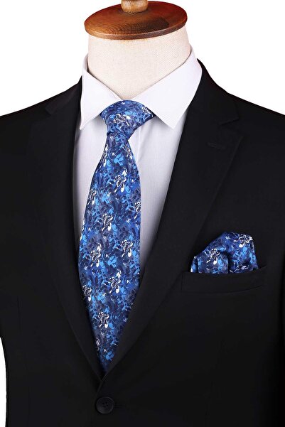 Kravatkolik Blue - Navy Blue Floral Pattern Printed Pocket Square Classic Tie Kk13342
