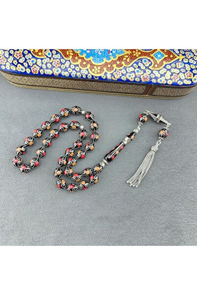 Bülbül Tesbih Mercan ve Gümüş İşlemeli Oltu Taşı Tespih