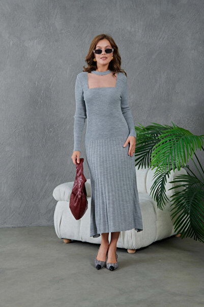 Park Karon Women's Crew Neck Tulle Detail Maxi Size Corded Fabric Knitwear Dress