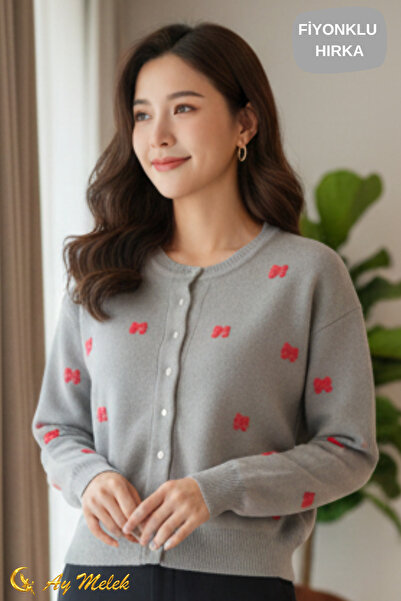 AYMELEK Women's Knitwear Cardigan Buttoned Crew Neck Short Bow Detail Cardigan