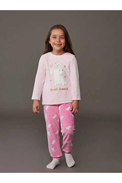 LC Waikiki LCW Детски розов пижамен комплект за момичета с кръгло деколте