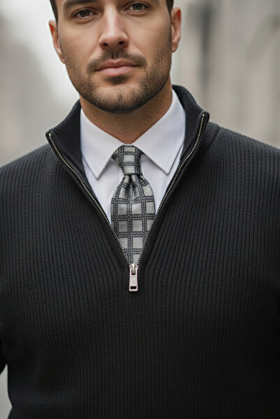 NAZEF Slim Fit Zippered Judge Collar Corded Fabric Cotton Black Sweater