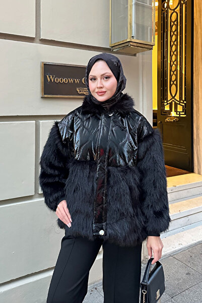 LOCCO Palton de damă cu mâneci cu detalii de pluș, negru