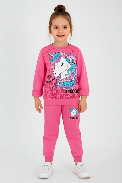 Aselin Kids Girl's Unicorn Printed Pink Tracksuit Set Bottom Top Set