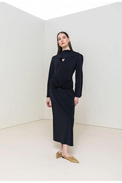 KAMEYA Long Black Dress with Shawl Collar Detail