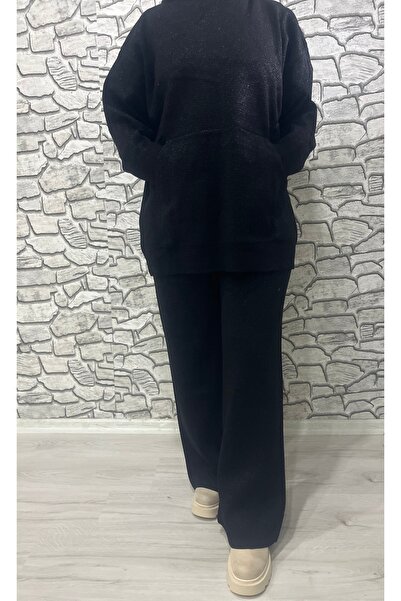 Butik Siyah kapşonlu kanguru cepli pantolonlu triko takım