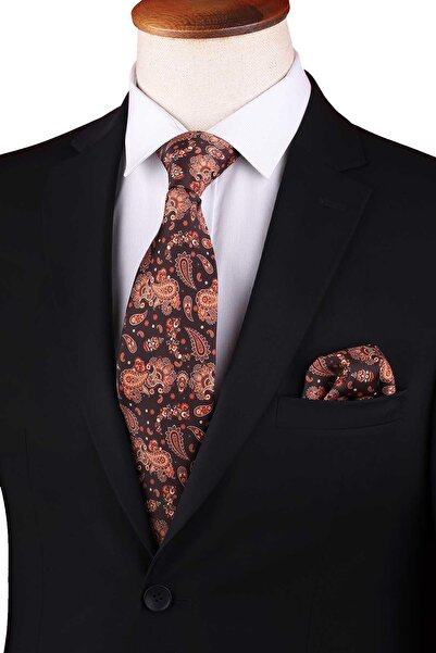 Kravatkolik Κλασική γραβάτα με μοτίβο καφέ σάλι με με τύπωμα μαντήλια KK13353