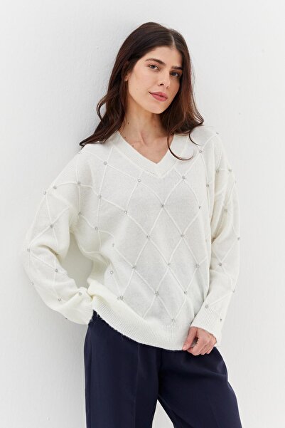 Shopping Shop V-neck embellished sweater - ecru