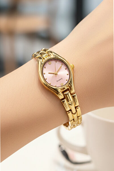 İnogge Cicci Pink Dial Gold Band Gold Case Minimal Women's Wristwatch