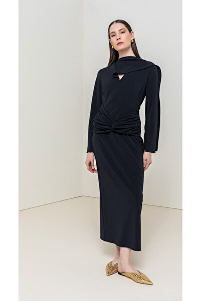 KAMEYA Long Black Dress with Shawl Collar Detail