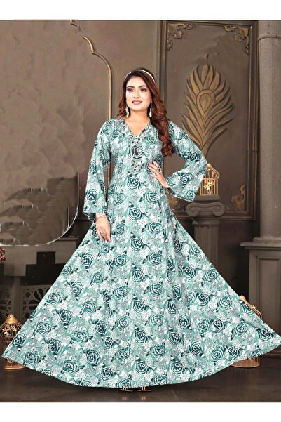 Zainah Stylish Floral Print Jallabiya Maxi Dress | Women's V-Neck Long Sleeve...