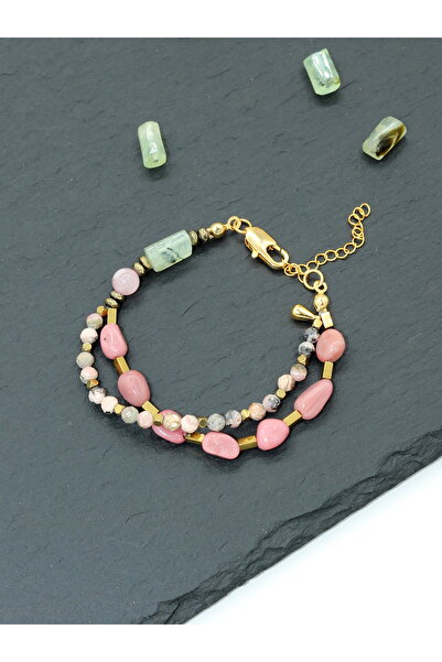 Yelda's Pembe Kuvars-Prehnit-Rodokrozit-Rodonit Doğal Taşlı Altın kaplama Kad...