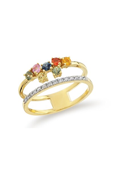Gold Inel Aur de 14K cu Diamante și Safire multicolore