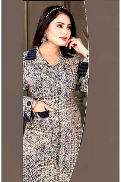 Zainah Stylish Geometric Print Jallabiya Maxi Dress | Contrasting Shirt Collar Long Sleeve with Pocket