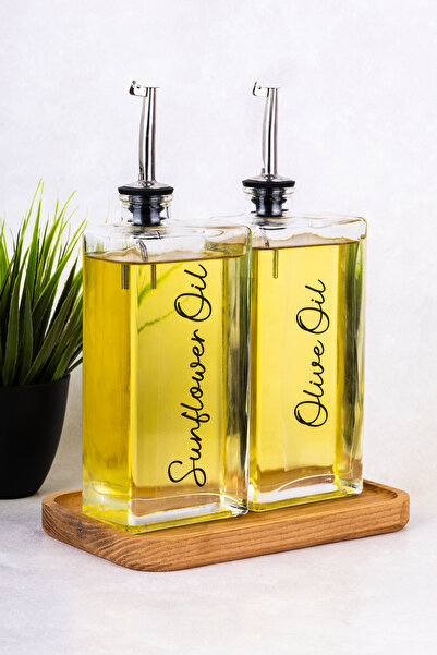 Dolkin Home 2li 500ml Yağdanlık Seti Ahşap Stantlı Cam Yağlık Zeytinyağı Ayçi...