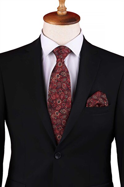 Kravatkolik Burgundy Shawl Pattern Printed Handkerchief Classic Tie Kk13339