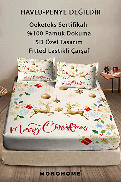 MonoHome 100% Cotton Christmas Elastic Sheet Special Design 5D Digital 60 Thread Red Merry Christmas