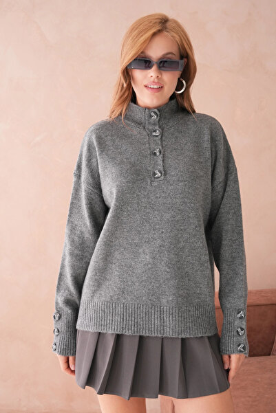 Park Karon Women's Mock Neck Sleeves Button Detailed Soft Textured Fleece-Lined Knitwear Sweater