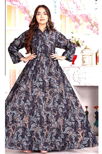 Zainah فستان جلابية ماكسي أنيق بطبعة بيزلي | تنورة واسعة بأكمام طويلة وياقة قميص