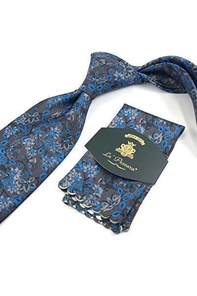 Kravatkolik Smoked - Indigo Blue Floral Pattern Printed Handkerchief Classic Tie Kk13349