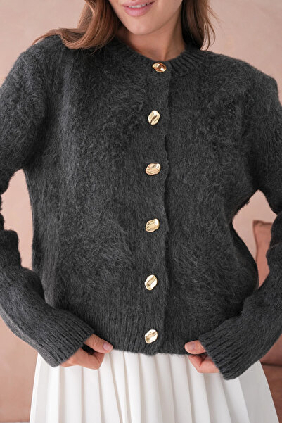 Park Karon Women's Crew Neck Button Detailed Soft Textured Fleece-Lined Knitwear Jacket