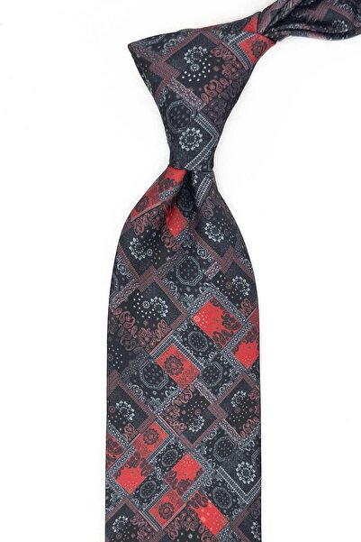 Kravatkolik Smoked - Red Square Pattern Printed Handkerchief Classic Tie Kk13352