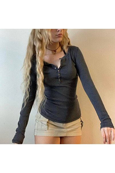 ARS Butik Smoked V-Neck Basic Buttoned Collar Long Sleeve Crop Body