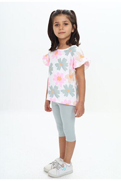 Toontoy Girl's Sleeve Ruffle Detailed Floral Printed Capri Suit
