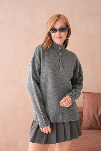 Park Karon Women's Mock Neck Sleeves Button Detailed Soft Textured Fleece-Lined Knitwear Sweater