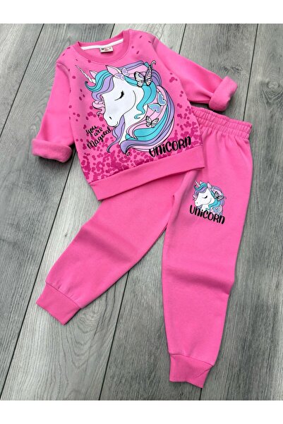 Aselin Kids Girl's Unicorn Printed Pink Tracksuit Set Bottom Top Set