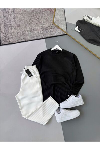 Combineman35 Men's Vertical Striped Stretch Fabric Ottoman Black Sweatshirt White Trousers 2-Piece Set
