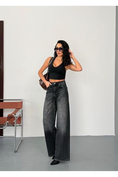 Zeo Basic Women's Smoked Washed Baggy Jean High Waist Wide Leg Jeans Black