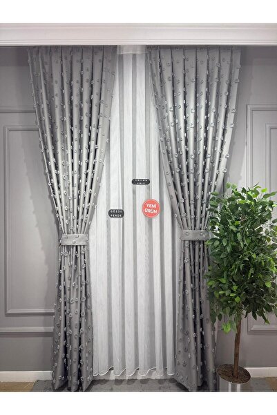 Perdenin Adresi İşlemeli Modern Açık Gri Ponpon Fon Perde Seyrek Pile Tek Kan...