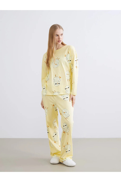 LC Waikiki Lcw Young Yellow Crew Neck Printed Women's Pajamas Set