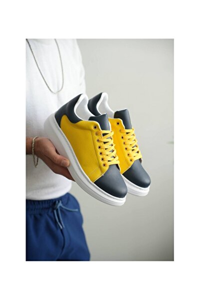 Lucy Shoes Yg-1907 Men's Lace-Up Casual Leather Fan Shoes Cbt - Yellow/Navy Blue