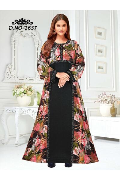 Zainah Bold Paneled Jallabiya / Kaftan Maxi Dress | Tropical Floral Print & S...
