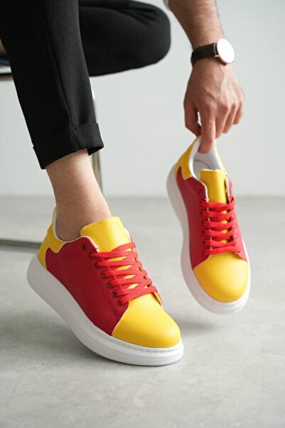 Lucy Shoes Yg-1903 Men's Lace-Up Casual Leather Fan Shoes Cbt - Yellow/Red