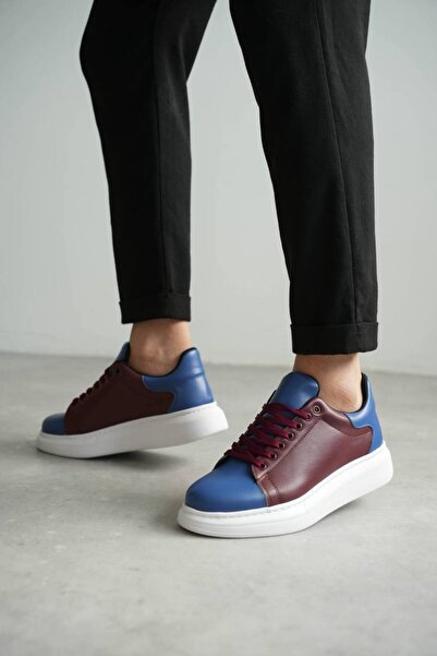 Lucy Shoes Yg-1961 Men's Lace-Up Casual Leather Fan Shoes Cbt- Burgundy/Blue