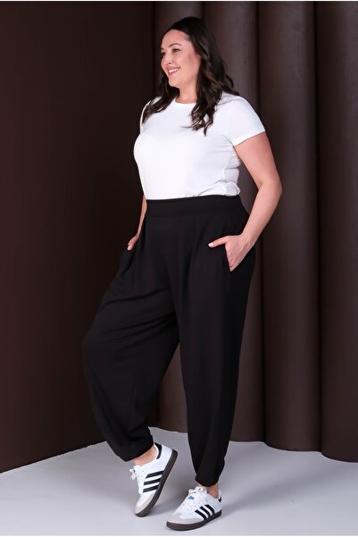Şans Women's Plus Size Black, Leg Detail, Pleated, Pocketed Sports Pants 65N39269